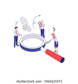 Search of business solution isometric concept with people and magnifying glass 3d vector illustration