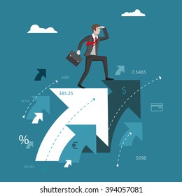 Search for business solutions. Businessman standing on the abstract arrows and looks into the distance. Business concept