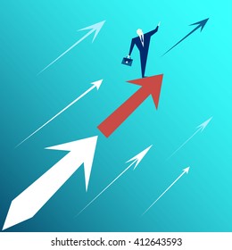 Search for business solutions. Businessman standing on the abstract arrows and looks into the distance. Business concept. businessman Vector. businessman Symbol. businessman Picture.