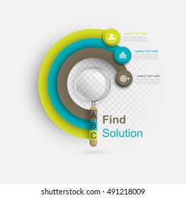 search for business solutions, magnifying glass with circular lines infographic data