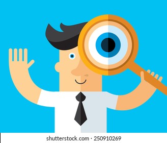 Search. Businessman looking through a magnifying glass. Business flat vector illustration.