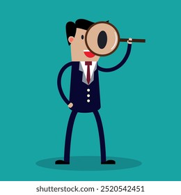 Search. Businessman looking through a magnifying glass. Business flat vector illustration. vector illustration