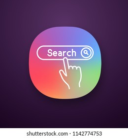 Search button click app icon. Internet surfing. Hand pressing find button. UI/UX user interface. Web or mobile applications. Vector isolated illustration