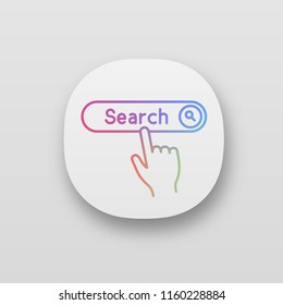 Search button click app icon. Internet surfing. Hand pressing find button. UI/UX user interface. Web or mobile application. Vector isolated illustration