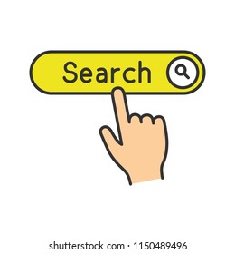 Search button click color icon. Internet surfing. Hand pressing find button. Isolated vector illustration