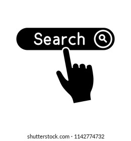 Search button click glyph icon. Silhouette symbol. Internet surfing. Hand pressing find button. Negative space. Vector isolated illustration