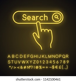 Search button click neon light icon. Internet surfing. Hand pressing find button. Glowing sign with alphabet, numbers and symbols. Vector isolated illustration