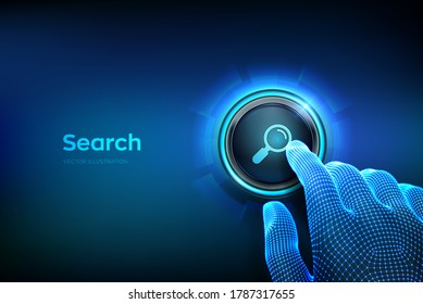 Botón Buscar. Cierre el dedo para presionar un botón con el icono de búsqueda. Buscando el concepto de conexión de información de datos de Internet. Sólo pulsa el botón. Ilustración vectorial.