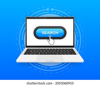 Search, button and hand cursor on the screen computer. Blue button Search to internet, browser. Vector illustration.