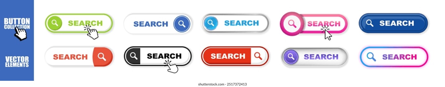Search button web banner set on transparent background. Web search bars set. Search bar, search boxes collection. Click here banner with shadow. 