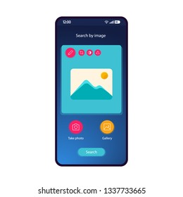 Search by image app smartphone interface vector template. Mobile app page blue gradient design layout. Picture editor, post maker screen. Flat UI for application. Take photo, search. Phone display