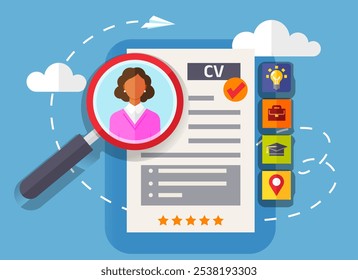 Search for candidate. Business resume, job interview, personal data form with magnifier and avatar. Job candidate, search for work, find worker, employee profile, career building service, website menu