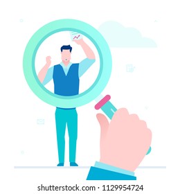 Search for candidate - flat design style illustration on white background. A colorful composition with a big magnifying glass, young male worker with a resume. Recruitment and human resource concept