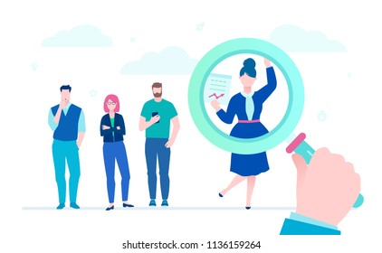 Search for candidate - flat design style illustration on white background. A colorful composition with young people looking for a job, magnifying glass picking a female employee. Recruitment concept