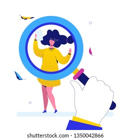 Search for candidate - flat design style illustration on white background. A colorful composition with a big magnifying glass, young female worker with a resume. Recruitment and human resource concept