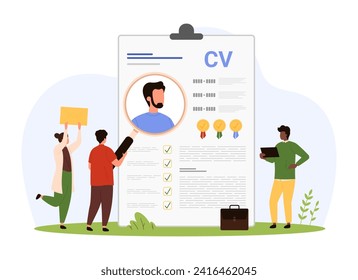 Search for candidate, research of qualifications and work experience by HR employees, employment. Tiny people with magnifying glass study resume or personnel profile of man cartoon vector illustration