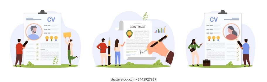 Search for candidate for vacancy and recruiting set. Tiny people research professional CV with portrait of man and woman, recruit and sign contract of staff employment cartoon vector illustration