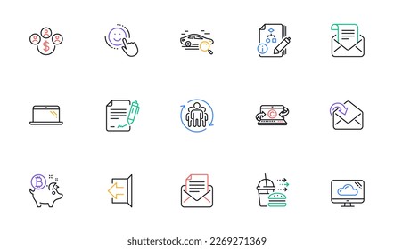 Search car, Algorithm and Smile line icons for website, printing. Collection of Copywriting notebook, Laptop, Receive mail icons. Mail newsletter, Cloud storage, Food delivery web elements. Vector