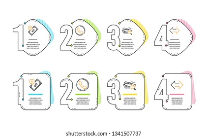 Search car, Call center and Rejected payment icons simple set. Sync sign. Find transport, Phone support, Bank transfer. Synchronize. Infographic timeline. Line search car icon. 4 options or steps