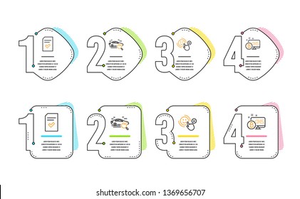 Search car, Checked file and Customer satisfaction icons simple set. Bitcoin system sign. Find transport, Correct document, Happy smile. Cryptocurrency monitor. Business set. Infographic timeline
