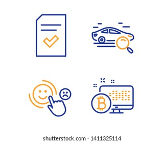 Search car, Checked file and Customer satisfaction icons simple set. Bitcoin system sign. Find transport, Correct document, Happy smile. Cryptocurrency monitor. Business set. Linear search car icon