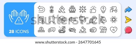 Search car, Clean hands and Swipe up line icons. Interest rate, AI generate, Inflation icons. Pack of Human rating, Undo, Discount tags icon. Car service, Coronavirus, Hold heart pictogram. Vector