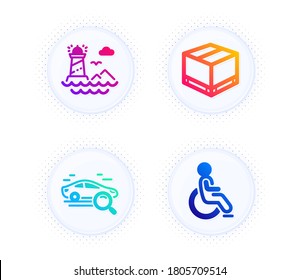 Search car, Delivery box and Lighthouse icons simple set. Button with halftone dots. Disabled sign. Find transport, Cargo package, Navigation beacon. Handicapped wheelchair. Transportation set. Vector