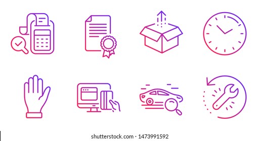 Search car, Hand and Certificate line icons set. Bill accounting, Send box and Time signs. Online payment, Recovery tool symbols. Find transport, Waving palm. Business set. Vector