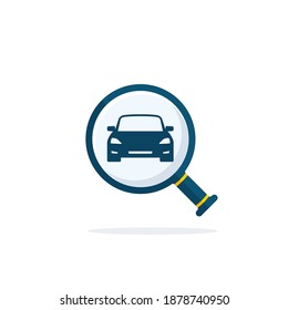 Search car icon, vector colorful sign. Magnifying glass with car. Find car symbol isolated illustration.