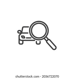 Icono de la línea del coche de búsqueda. signo de estilo lineal para concepto móvil y diseño web. Icono vectorial del contorno de la lupa y del coche. Símbolo, ilustración del logotipo. Gráficos vectoriales
