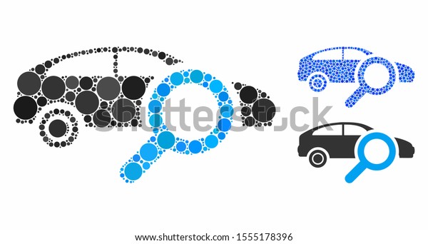 Search car mosaic of filled circles in\
different sizes and color tinges, based on search car icon. Vector\
random circles are composed into blue\
mosaic.