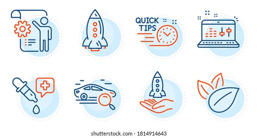 Search car, Settings blueprint and Quick tips signs. Rocket, Chemistry pipette and Crowdfunding line icons set. Organic product, Sound check symbols. Spaceship, Laboratory. Technology set. Vector