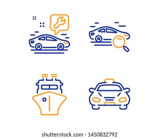 Search car, Ship and Car service icons simple set. Taxi sign. Find transport, Shipping watercraft, Repair service. Public transportation. Transportation set. Linear search car icon. Vector