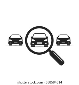 Search car sign, vector. Magnifying glass with car. Search car symbol. Looking for transport. Selection a car among others vehicles illustration.