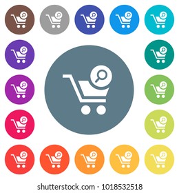 Search cart item flat white icons on round color backgrounds. 17 background color variations are included.