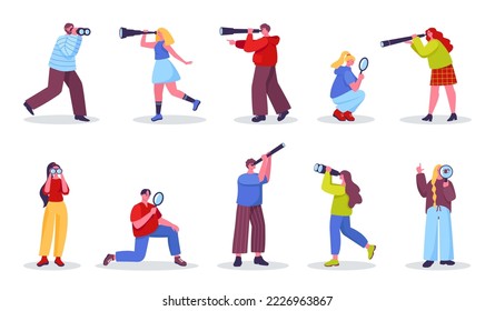 Search characters. People looking through magnifier, binoculars and spyglasses to find opportunity. Research and observation vector set. Man and woman seeking solution, target or career development