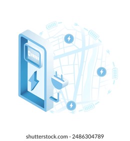 Search charging station online with mobile phone app. Location mark on gps navigation isometric map on smartphone application. POI fast supercharger station. EV destination tag. Vector illustration