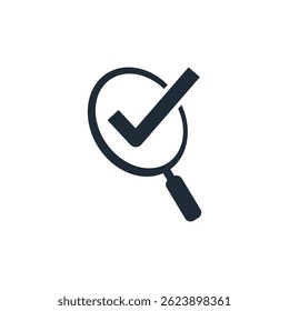 Search and checkmark, tick . Find effective solution.Successful action. Vector linear icon illustration isolated on white background.