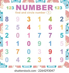 Search and circle number on the worksheet. Exercise for children to recognize number. Educational sheet for preschool. Vector file.