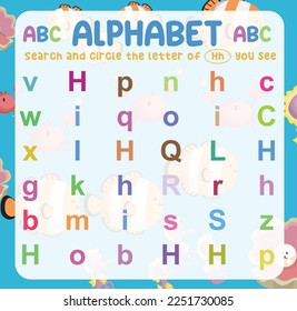 Search and circle the uppercase and lowercase of the hh letter on the worksheet. Exercise for children to recognize the alphabet. Educational sheet for preschool. Vector file.