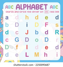 Search and circle the uppercase and lowercase of the A letter on the worksheet. Exercise for children to recognize the alphabet. Educational sheet for preschool. Vector file.