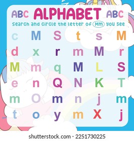 Search and circle the uppercase and lowercase of the Mm letter on the worksheet. Exercise for children to recognize the alphabet. Educational sheet for preschool. Vector file.