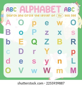 Busque y rodee la letra O en mayúsculas y minúsculas de la hoja de cálculo. Ejercicio para que los niños reconozcan el alfabeto. Hoja educativa para preescolar. Archivo vector.
