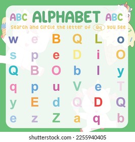 Search and circle the uppercase and lowercase of the Q letter on the worksheet. Exercise for children to recognize the alphabet. Educational sheet for preschool. Vector file.