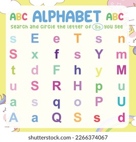 Search and circle the uppercase and lowercase of the S letter on the worksheet. Learning the alphabet for kindergarten and preschool children. Colorful and printable page. Educational worksheet. 