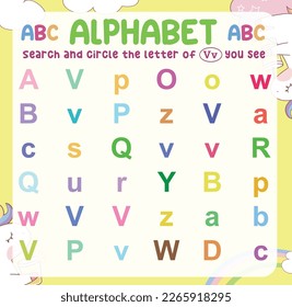 Search and circle the uppercase and lowercase of the V letter on the worksheet. Learning the alphabet for kindergarten and preschool children. Colorful and printable page. Educational worksheet. 