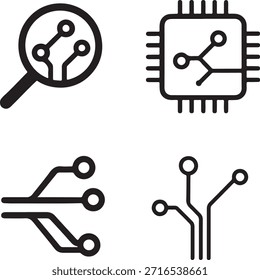 Conjunto de ícone de circuito de pesquisa, Circuitos de lupa preto sólido, Contorno de linhas de chip, Caminhos de tecnologia preenchidos mínimos, Conexões digitais de traçado fino, Projeto isolado do vetor
