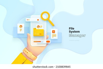 Search and classification of data. The hand is holding the phone. Mobile application for data analysis and accounting. File management. Electronic document management. Vector illustration 3d style