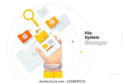 Búsqueda y clasificación de datos. La mano está sosteniendo el teléfono. Aplicación móvil para análisis de datos y contabilidad. Administración de archivos. Gestión electrónica de documentos. Estilo 3d de la ilustración del vector