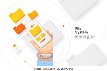 Search and classification of data. The hand is holding the phone. Mobile application for data analysis and accounting. File management. Electronic document management. Vector illustration 3d style